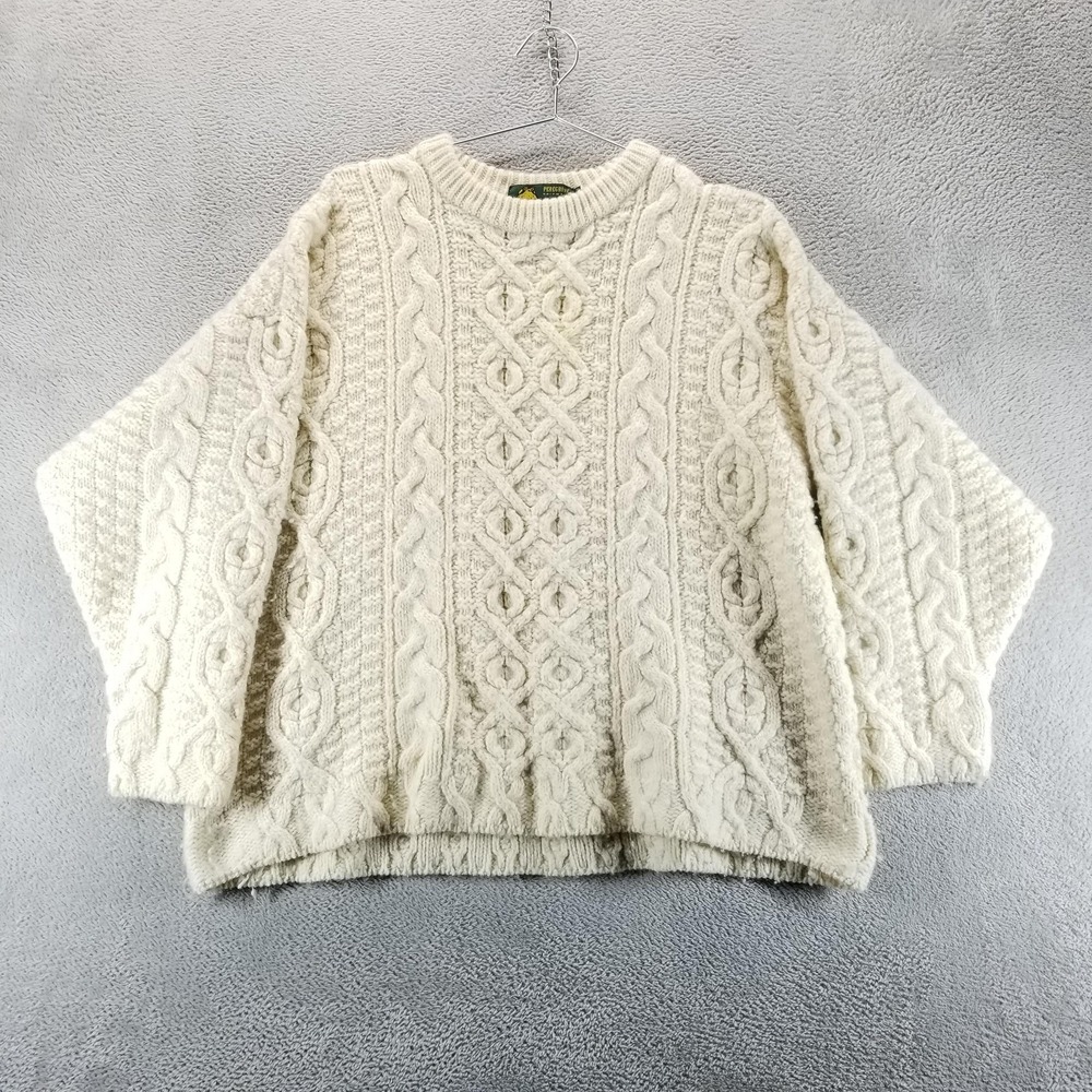Peregrine Sweater Mens L‎ Beige Cable Knit Fisherman Pure Wool Made In England